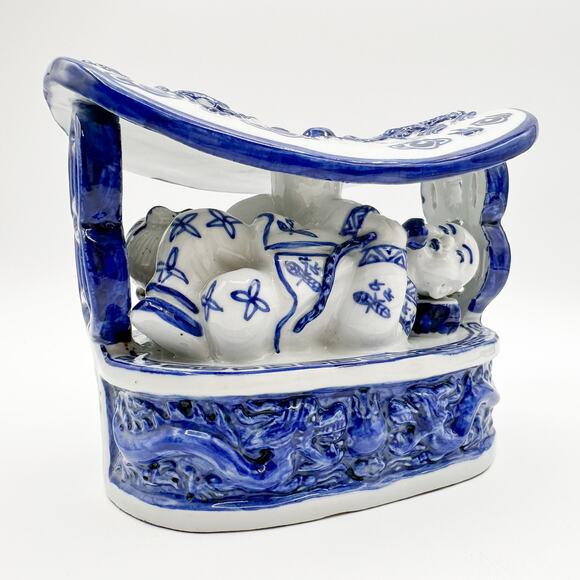 Antique Chinese Neck Pillow Blue and White Chinoiserie Dragon Boat Porcelain - Picture 12 of 13